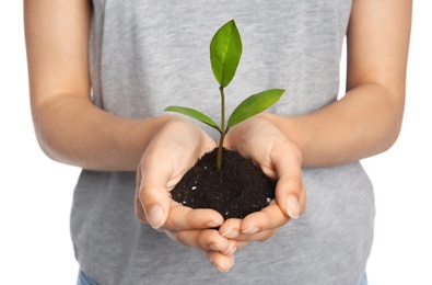 Woman holding soil with green plant in hands on white background