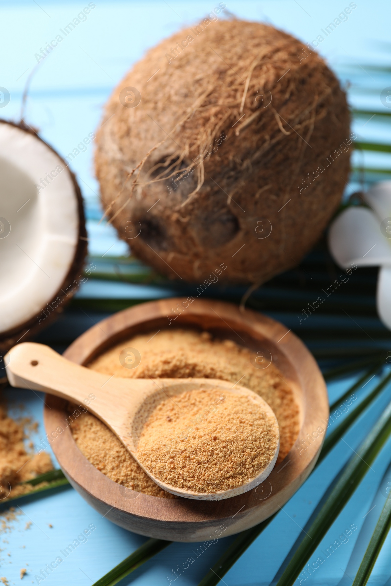 Photo of Coconut sugar, palm leaves and fruits on light blue wooden table, closeup