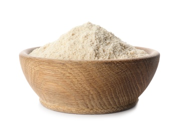 Photo of Bowl of sesame flour isolated on white