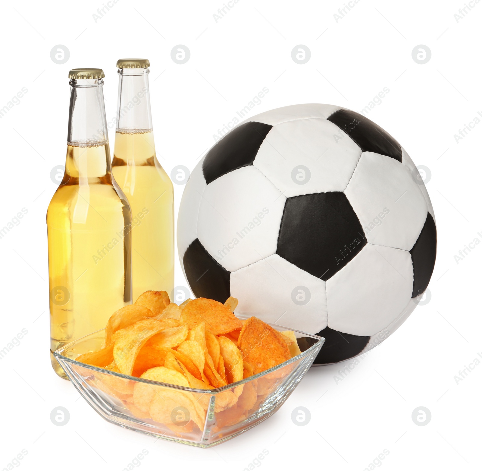 Photo of Soccer ball, beer and chips on white background