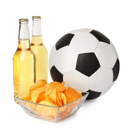 Soccer ball, beer and chips on white background