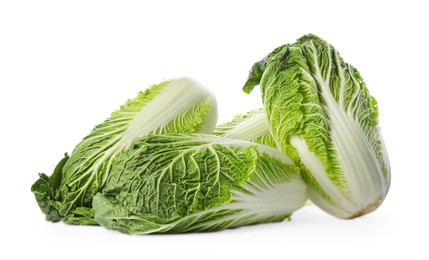 Photo of Fresh tasty Chinese cabbages on white background