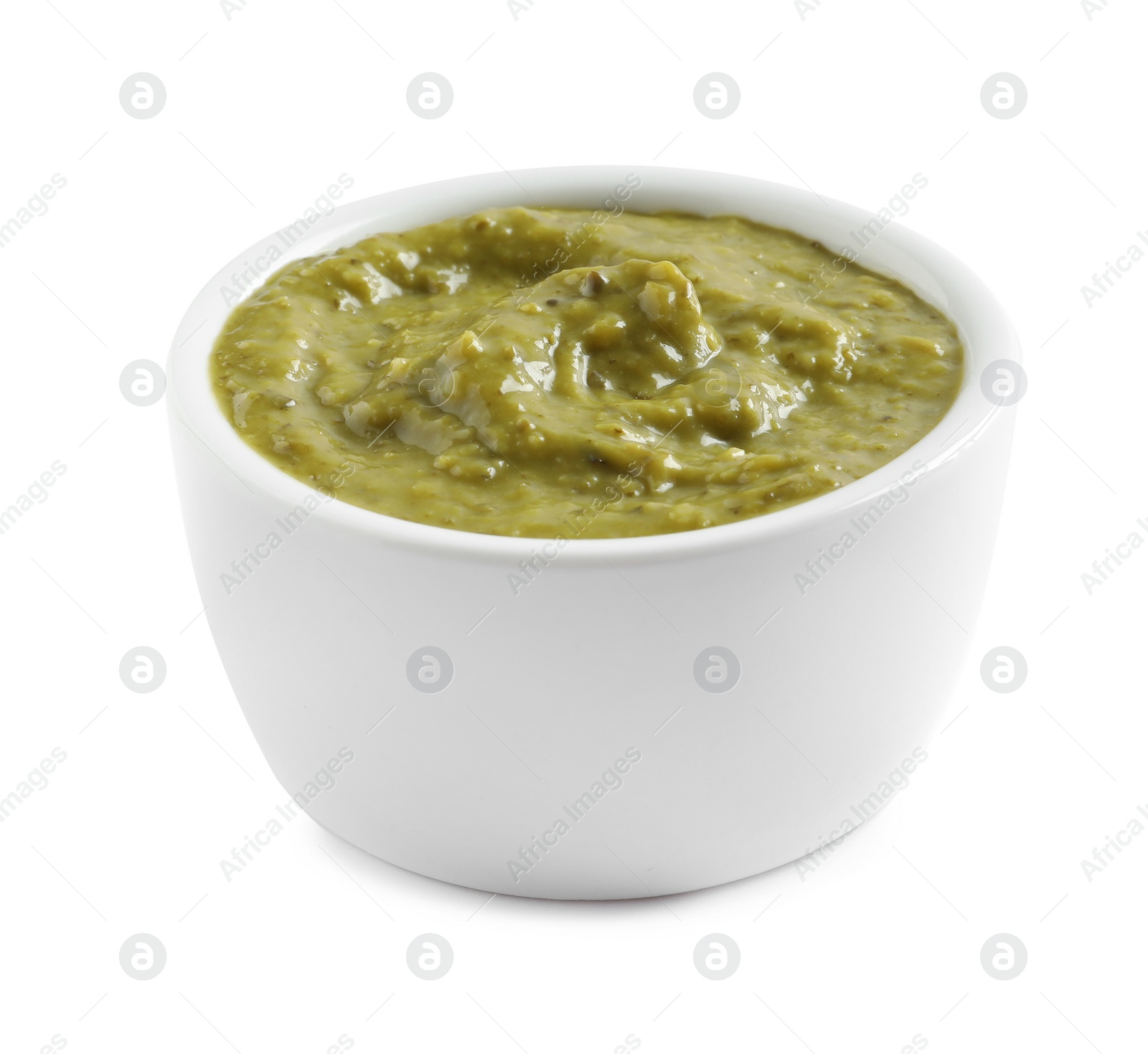 Photo of Delicious pesto sauce in bowl on white background