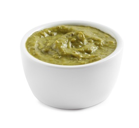 Photo of Delicious pesto sauce in bowl on white background