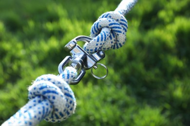 Photo of Climbing ropes with carabiner on blurred green background, closeup