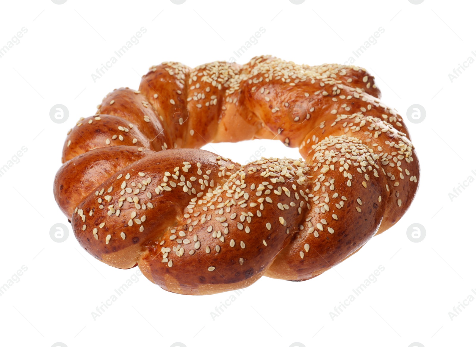 Photo of Round braided bread isolated on white. Fresh pastry