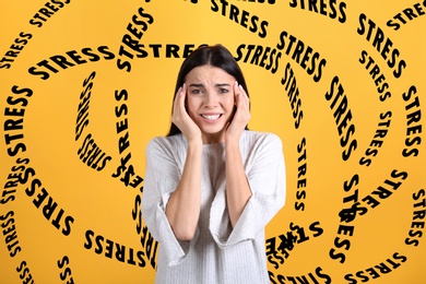 Image of Stressed young woman and text on yellow background
