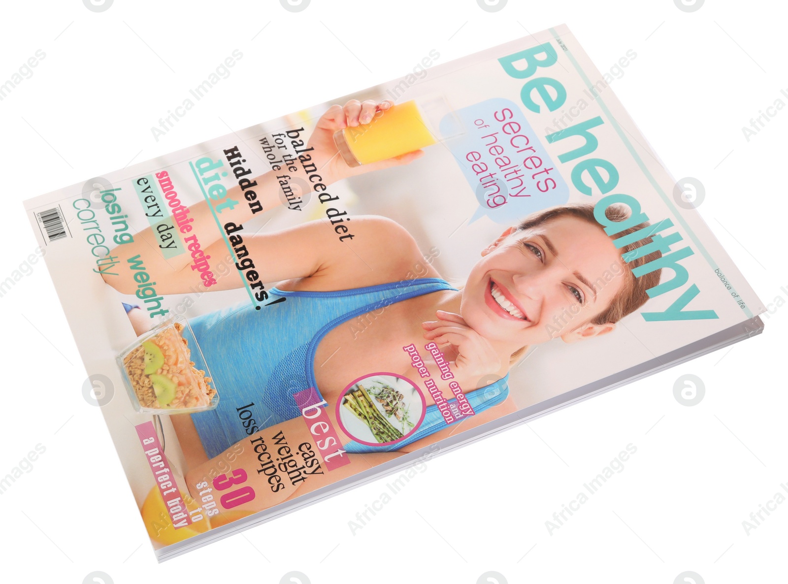 Photo of Modern printed healthy food magazine isolated on white