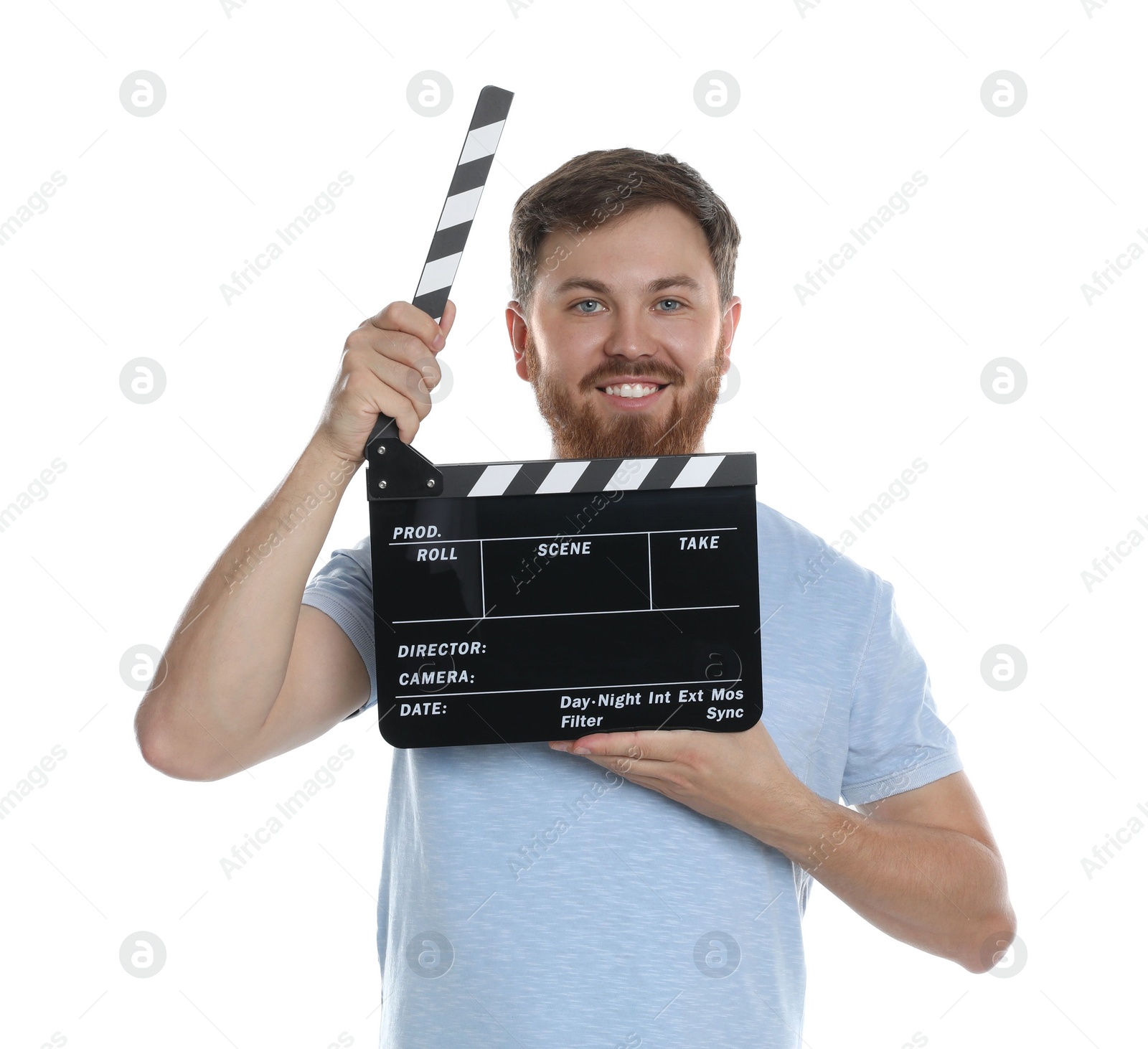 Photo of Making movie. Smiling man with clapperboard on white background