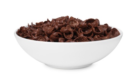 Photo of Breakfast cereal. Chocolate corn flakes in bowl isolated on white