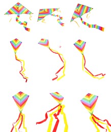 Image of Set with beautiful bright kites on white background