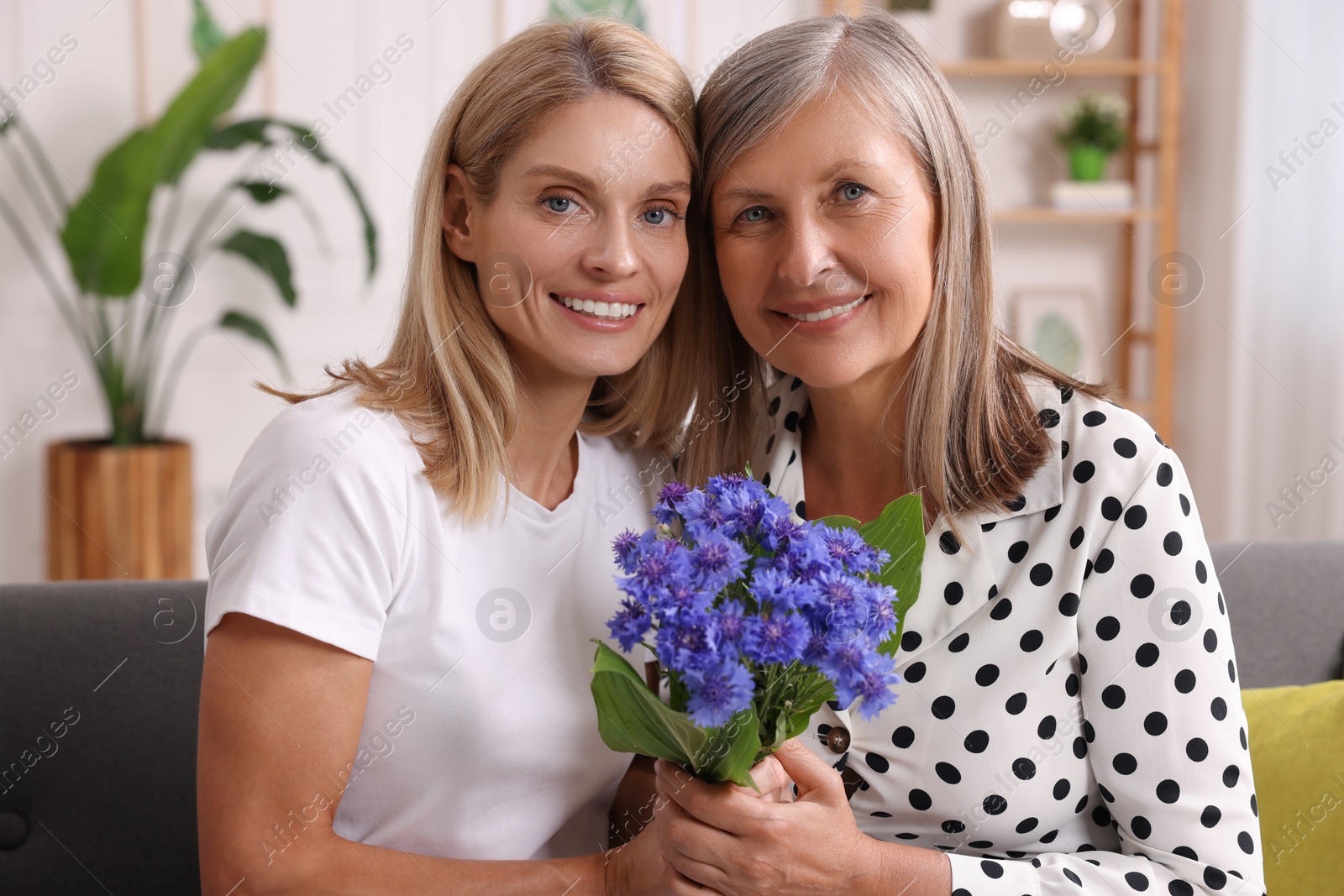 Photo of Happy mature mother and her daughter with beautiful cornflowers at home