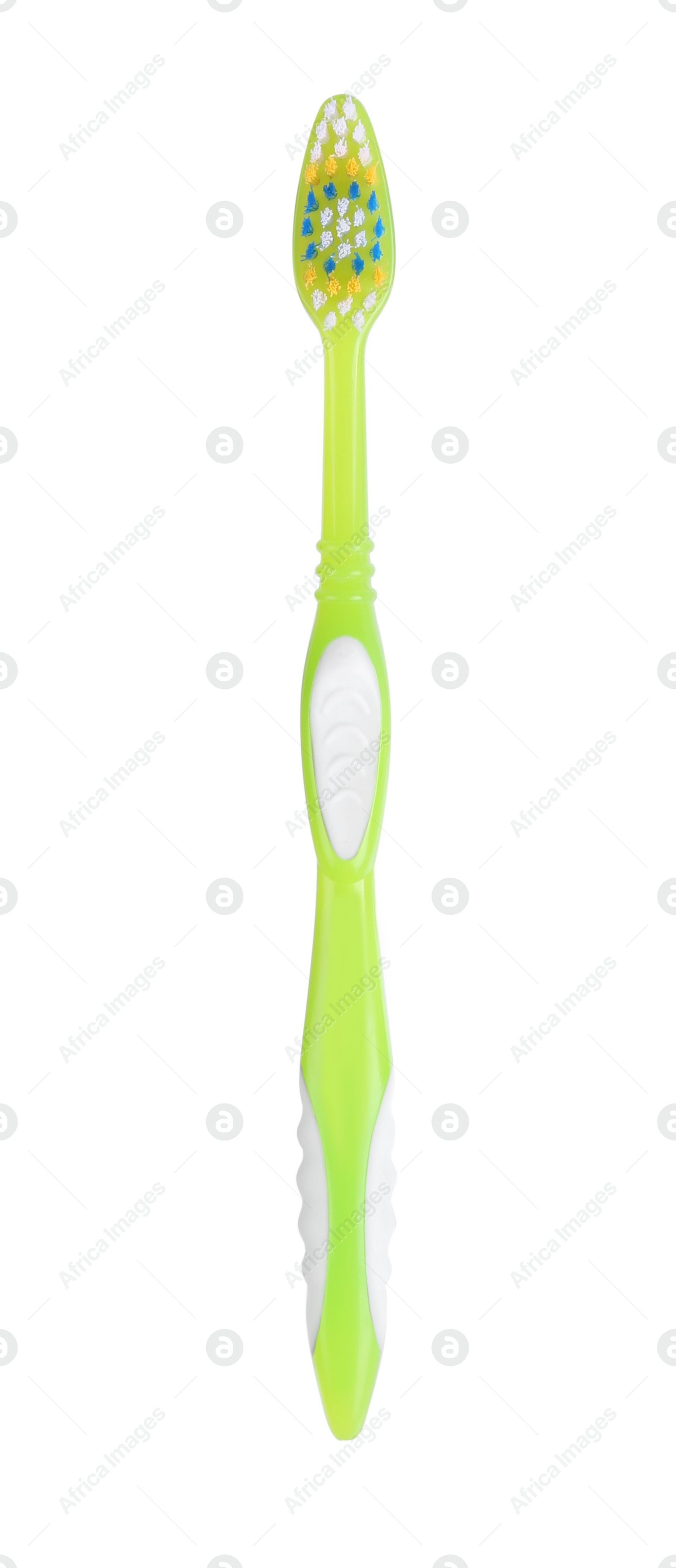 Photo of Light green plastic toothbrush isolated on white. Dental care