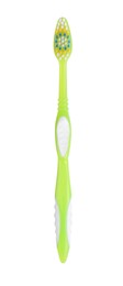 Photo of Light green plastic toothbrush isolated on white. Dental care