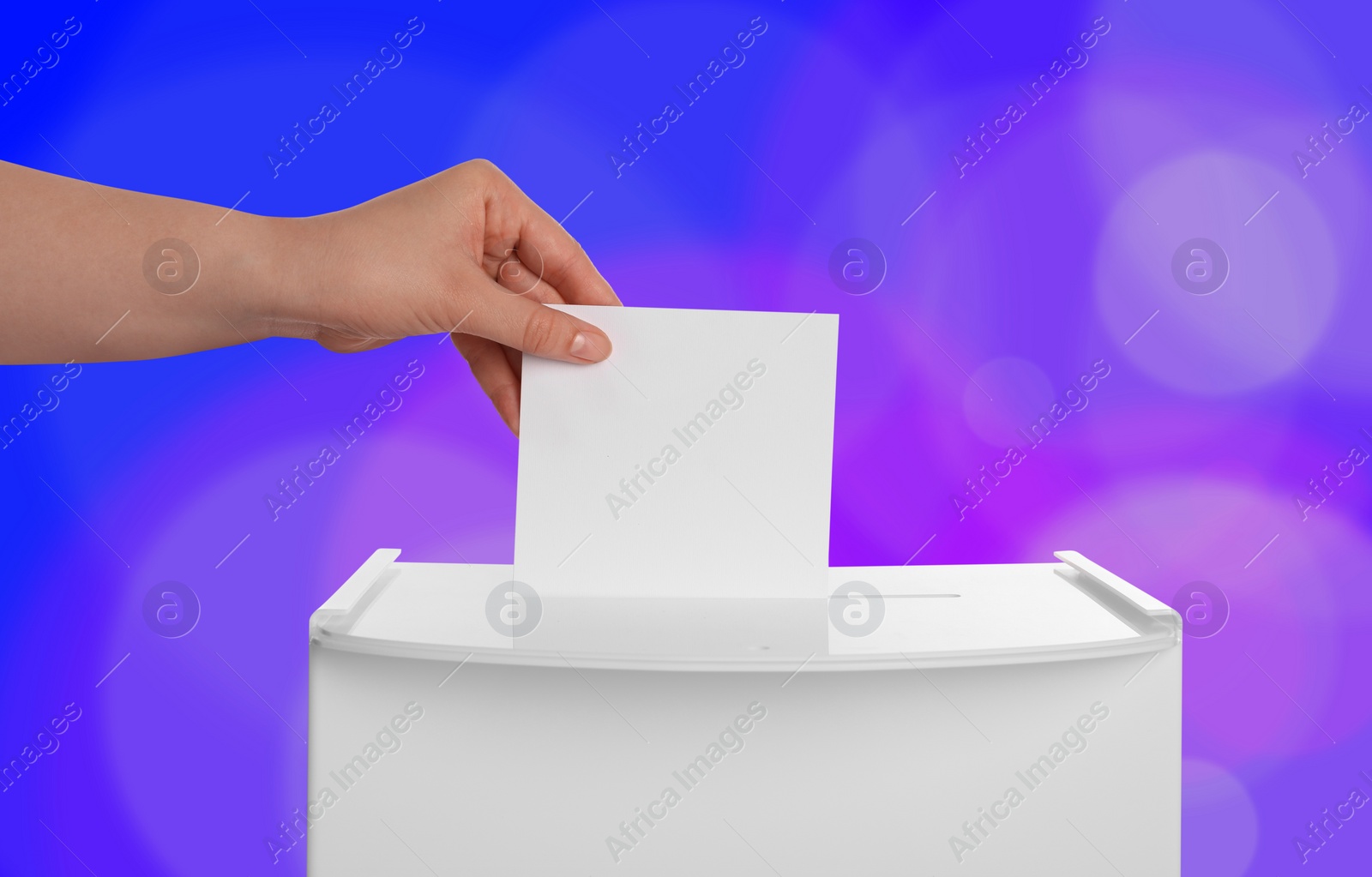 Image of Woman putting her vote into ballot box on color background, closeup