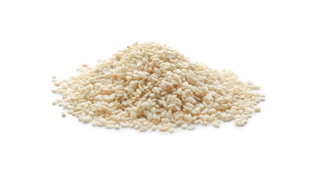 Photo of Pile of sesame seeds on white background