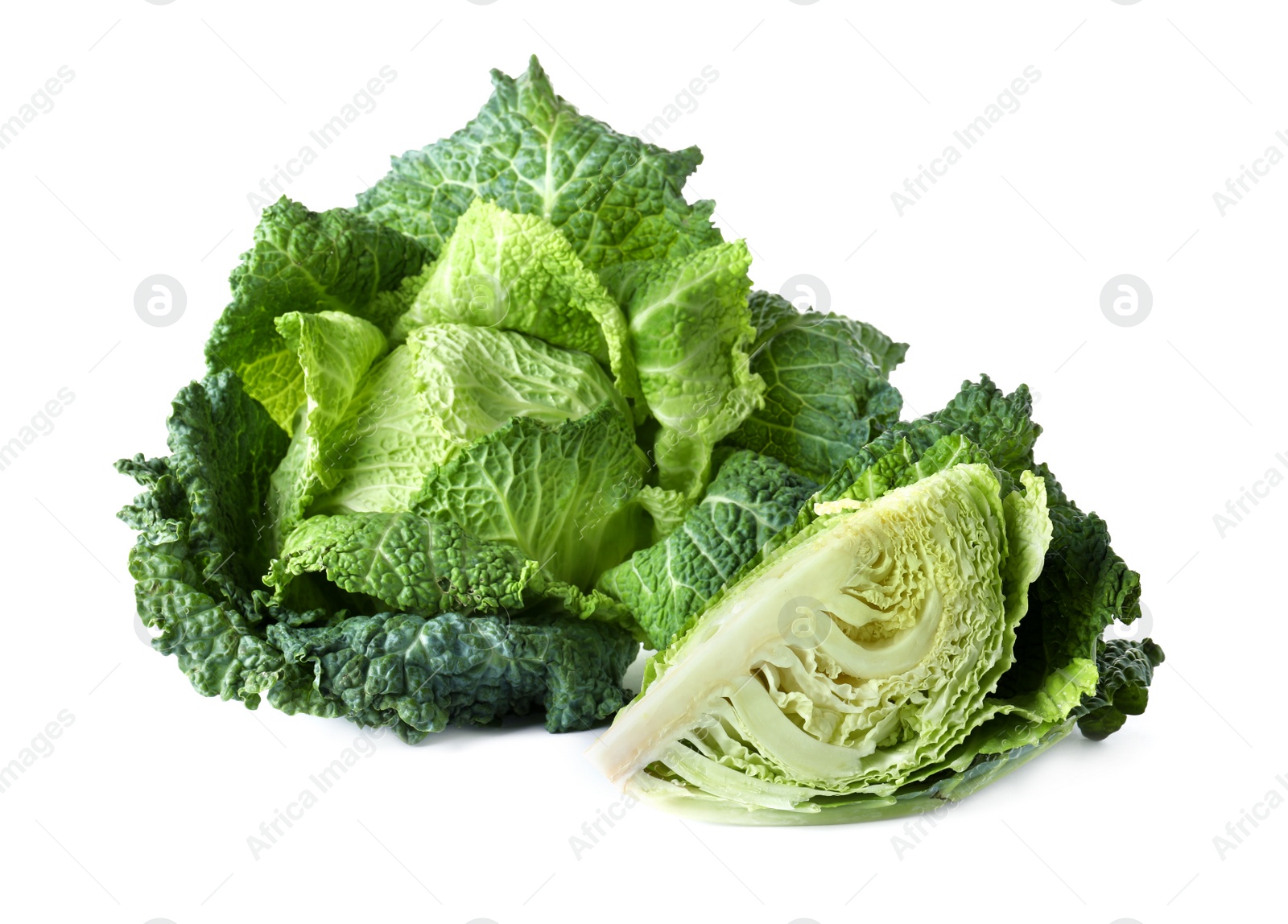 Photo of Fresh green savoy cabbages on white background