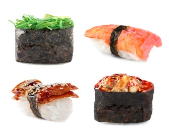 Set with different types of sushi on white background