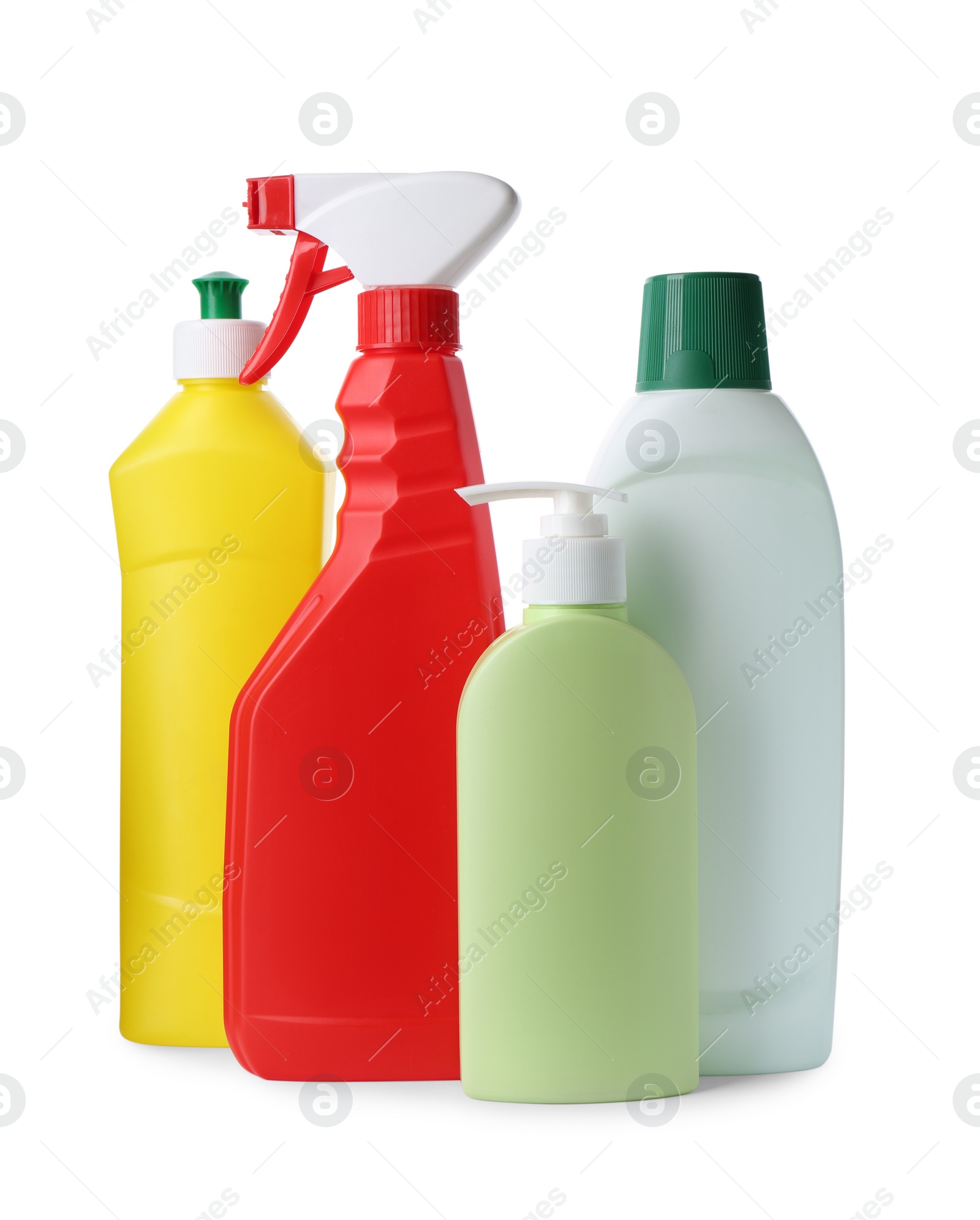 Photo of Bottles with different detergents on white background. Cleaning supplies