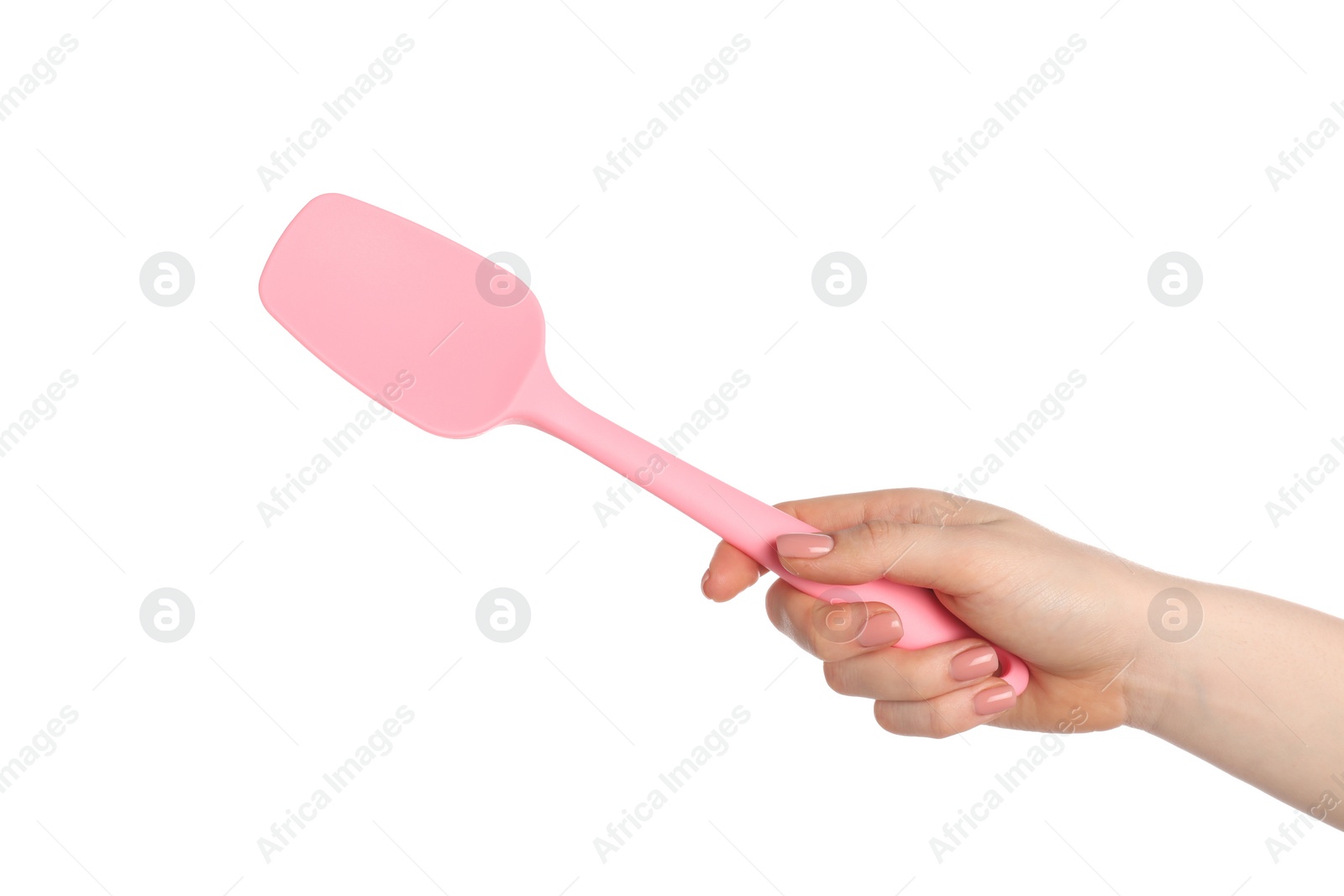 Photo of Woman with pink spatula on white background, closeup