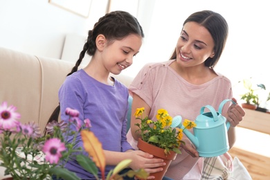 Mother and daughter watering potted plants at home