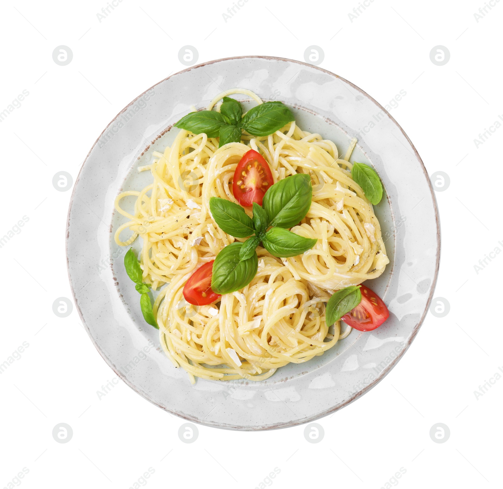 Photo of Delicious pasta with brie cheese, tomatoes and basil leaves on white background, top view