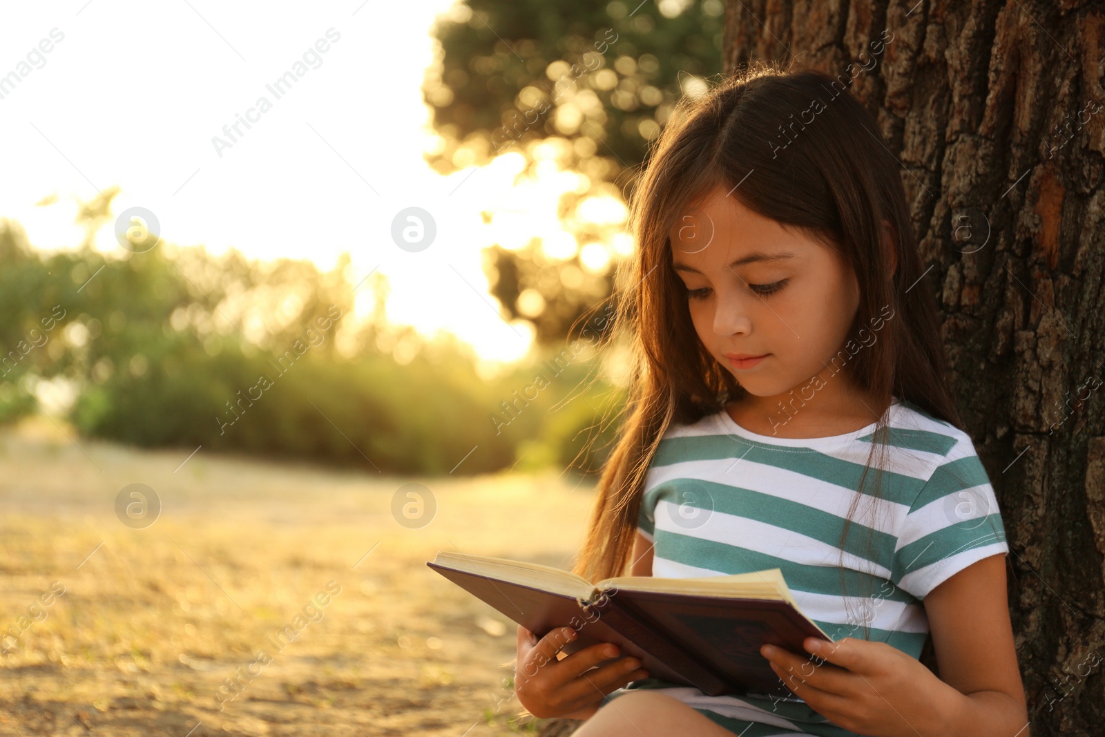 Photo of Cute little girl reading book near tree in park