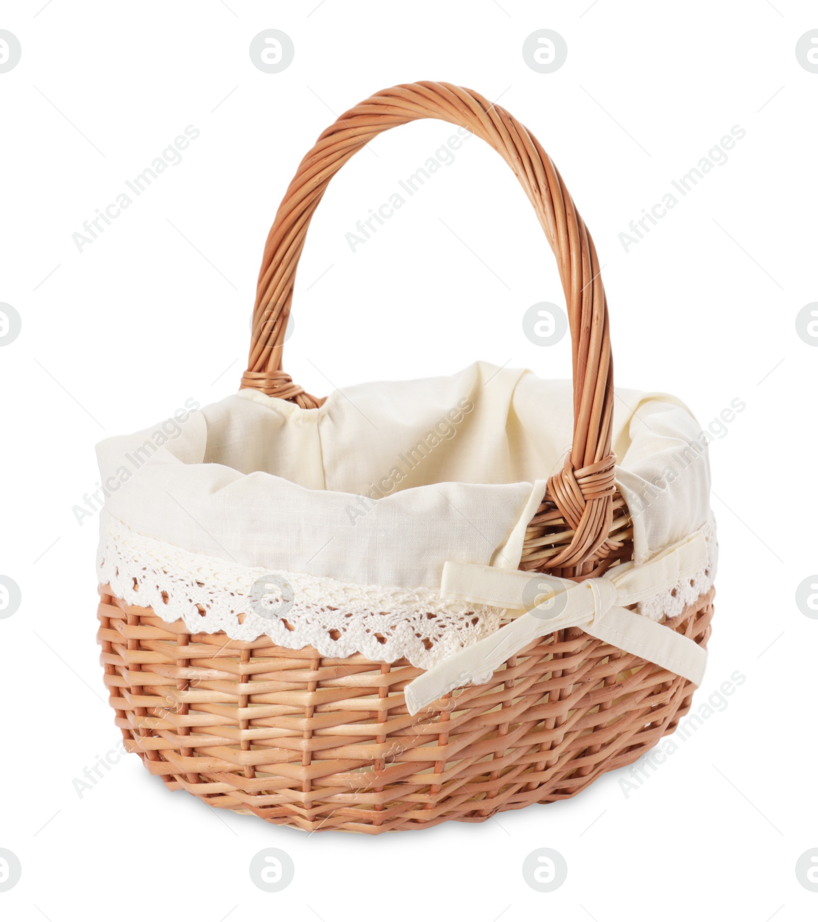 Photo of New Easter wicker basket with decorative fabric isolated on white