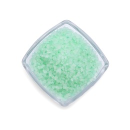 Photo of Glass bowl with turquoise sea salt isolated on white, top view