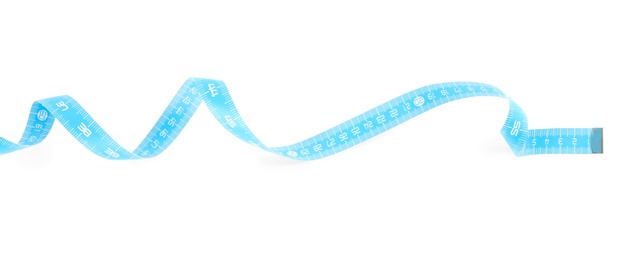 Light blue measuring tape isolated on white, top view