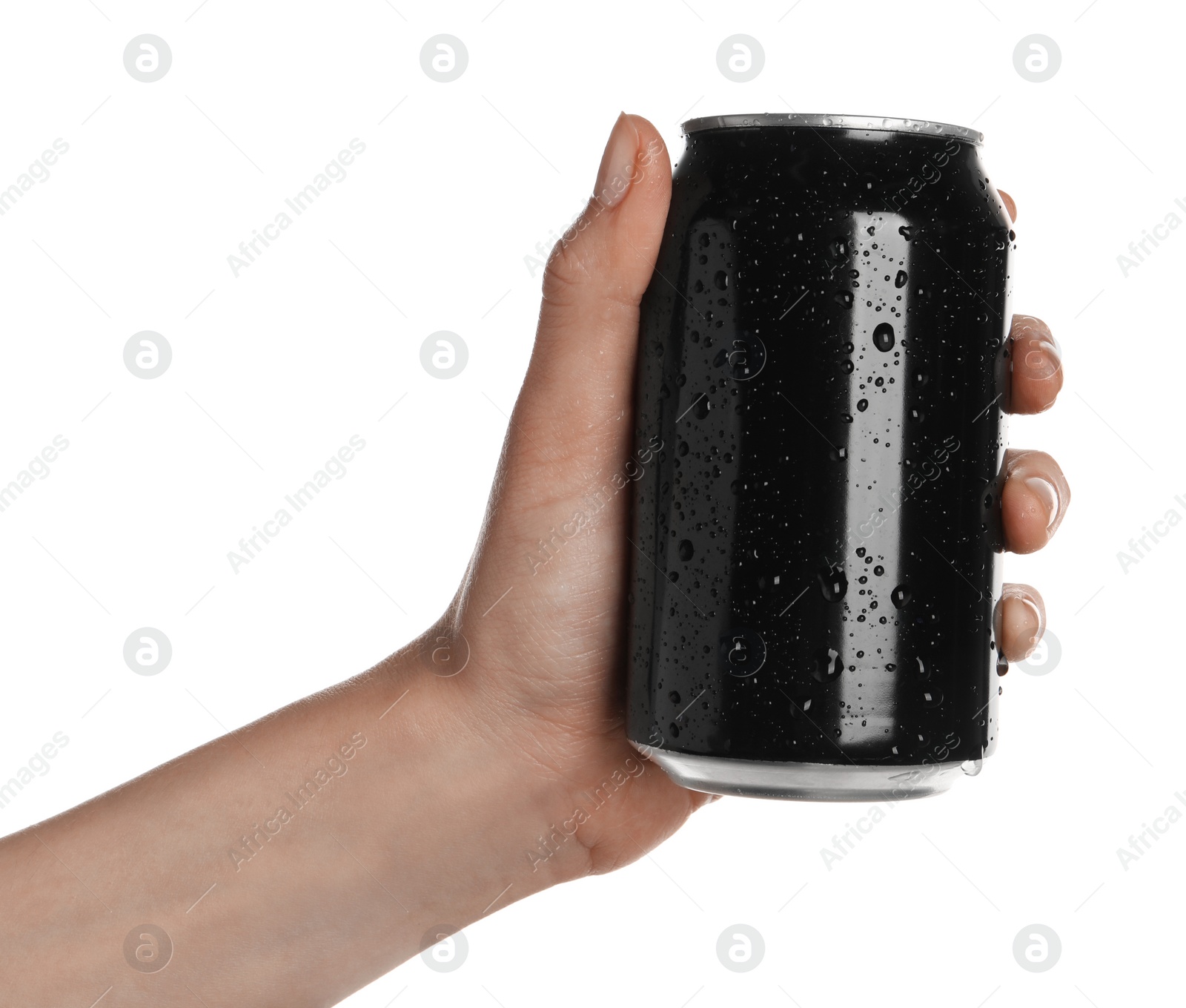 Photo of Woman holding black aluminum can on white background, closeup