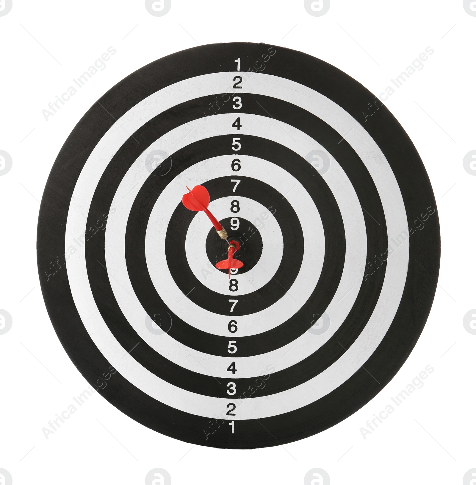 Photo of Red arrows hitting target on dart board against white background