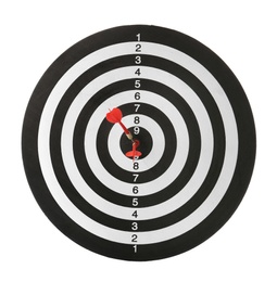 Photo of Red arrows hitting target on dart board against white background