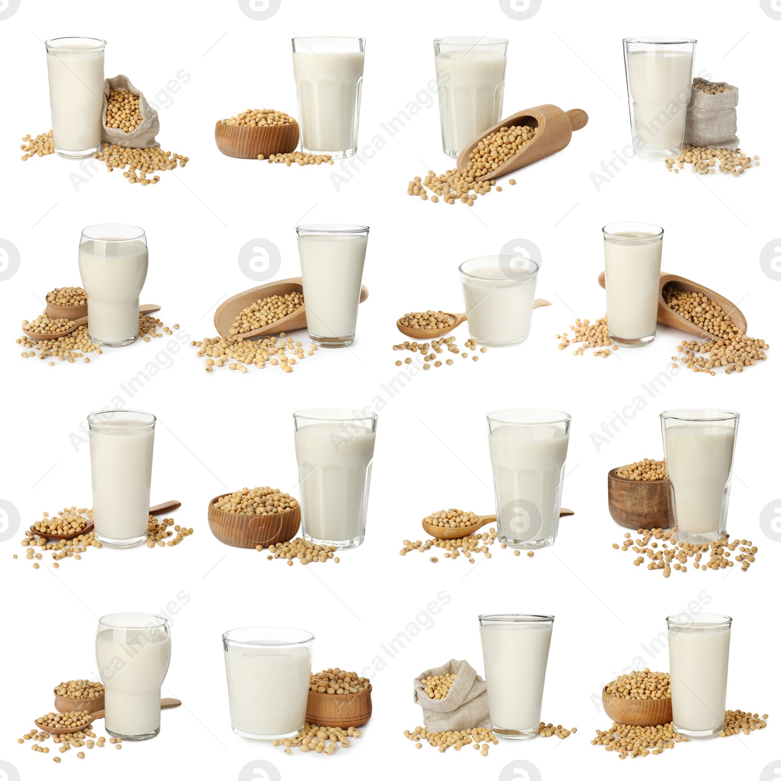 Image of Set with natural soy milk and beans on white background