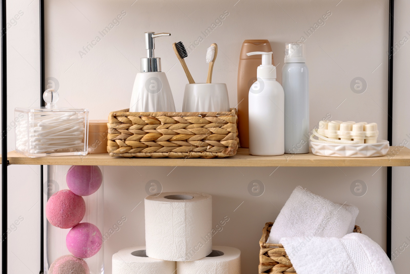 Photo of Different bath accessories and personal care products indoors