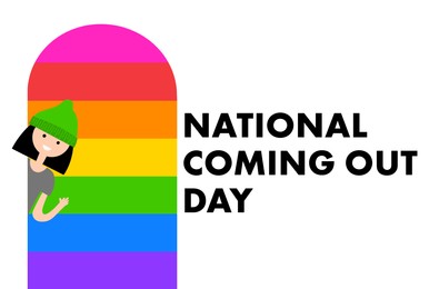 National Coming Out Day. Person waving from doorway with pride flag colors on background, illustration