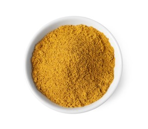 Dry curry powder in bowl isolated on white, top view