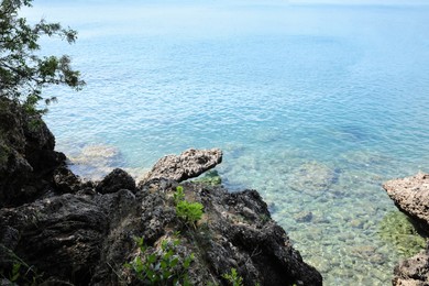 Beautiful view of rocky sea coast on sunny summer day