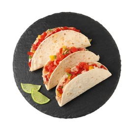 Delicious tacos with vegetables and slices of lime isolated on white, top view