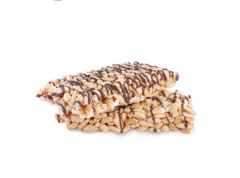 Photo of Delicious rice crispy treats on white background