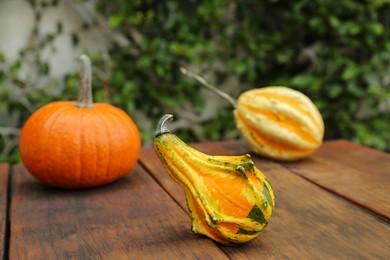 Photo of Fresh ripe pumpkins on wooden table outdoors