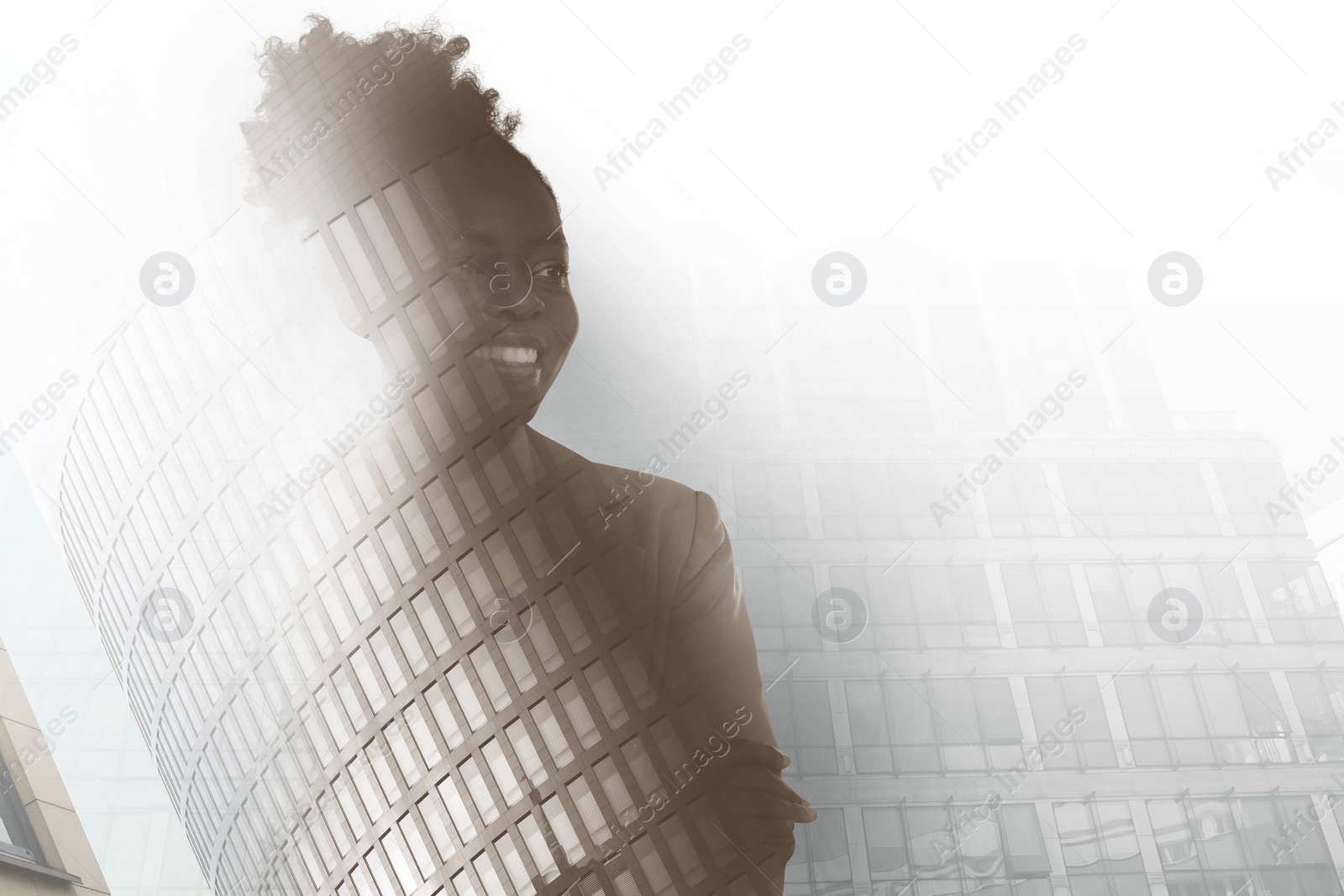 Image of Double exposure of businesswoman and cityscape with office buildings