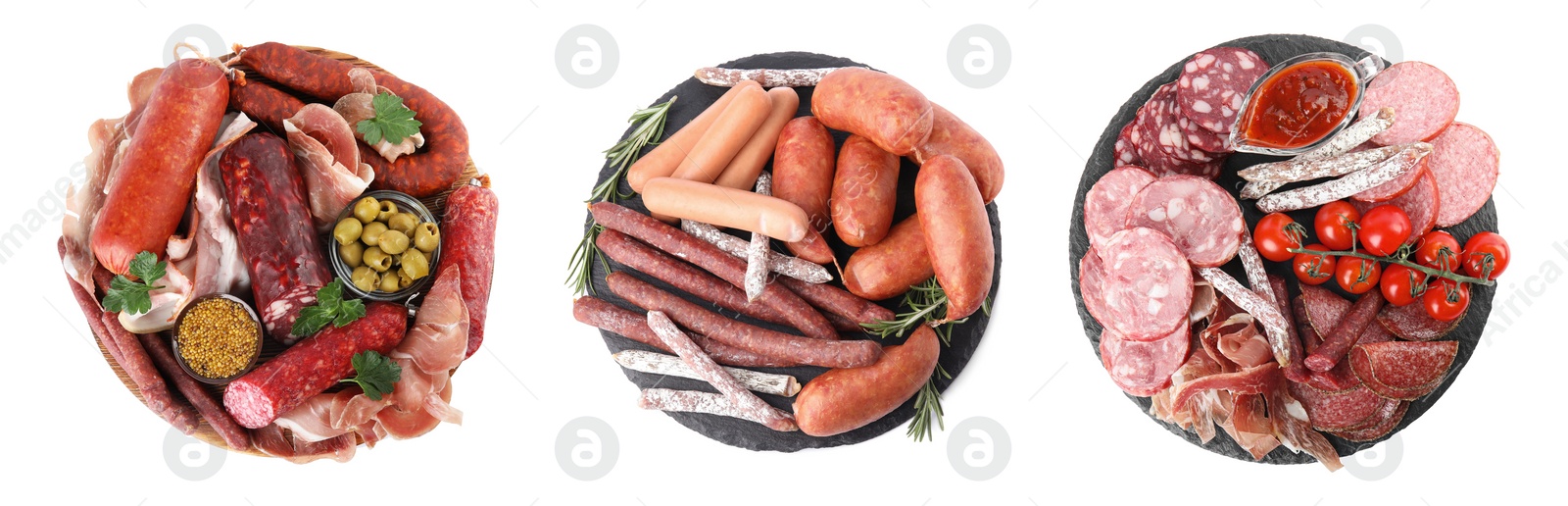 Image of Set with different tasty sausages on white background, top view. Banner design