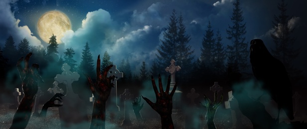 Image of Scary zombies and monsters arising from graves at old misty cemetery under full moon on Halloween night. Banner design