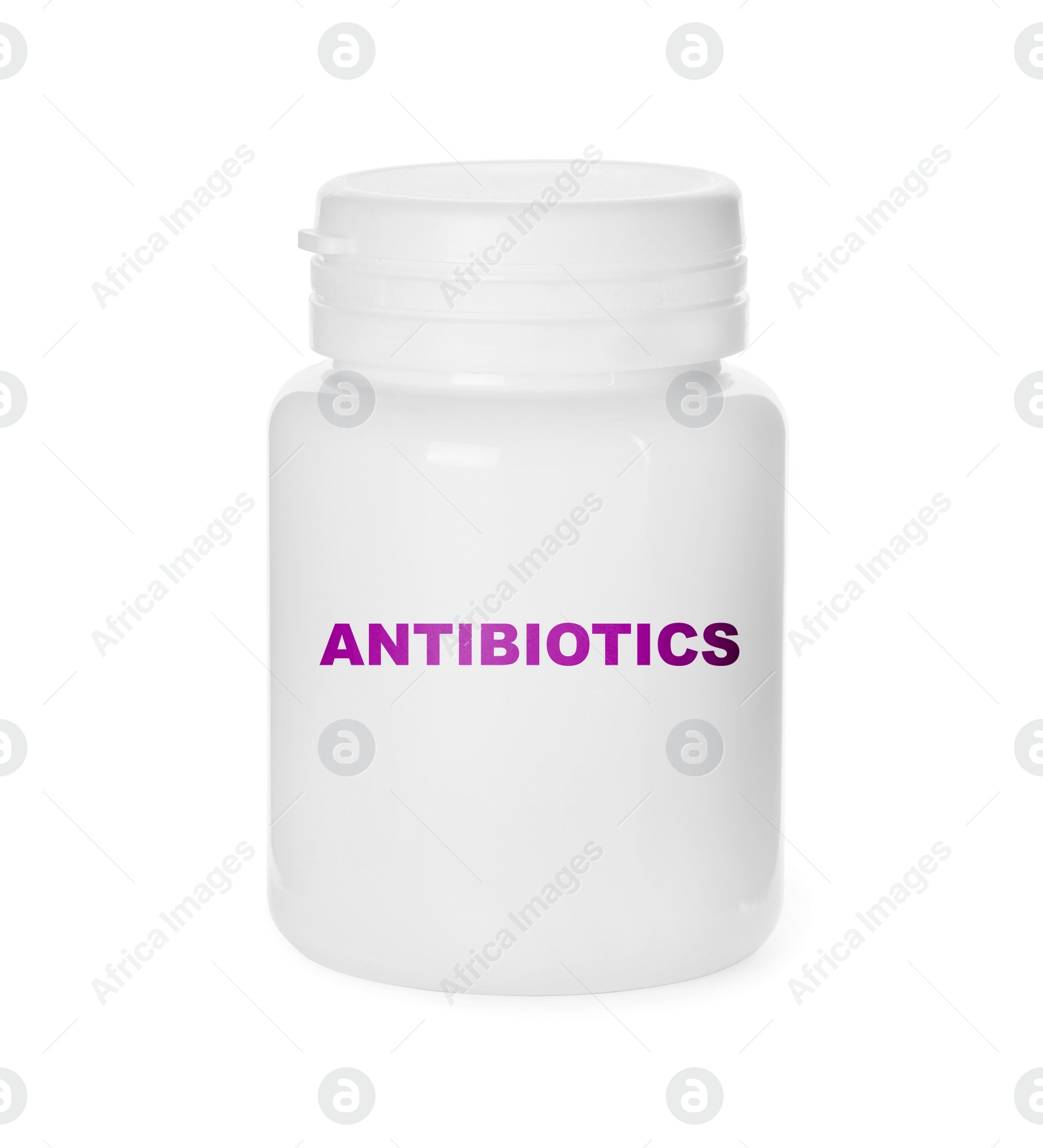 Image of Plastic bottle with antibiotic pills on white background