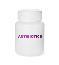 Image of Plastic bottle with antibiotic pills on white background