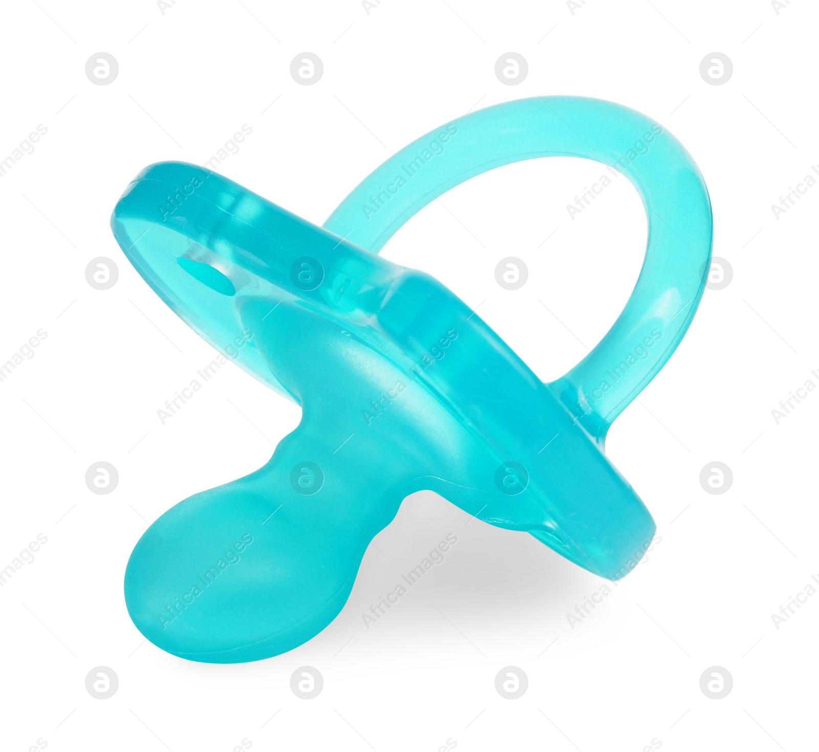 Photo of One turquoise baby pacifier isolated on white