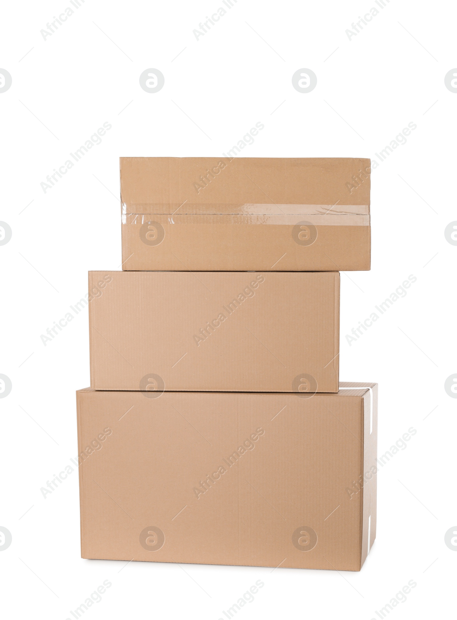 Photo of Stack of cardboard boxes on white background