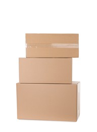 Photo of Stack of cardboard boxes on white background