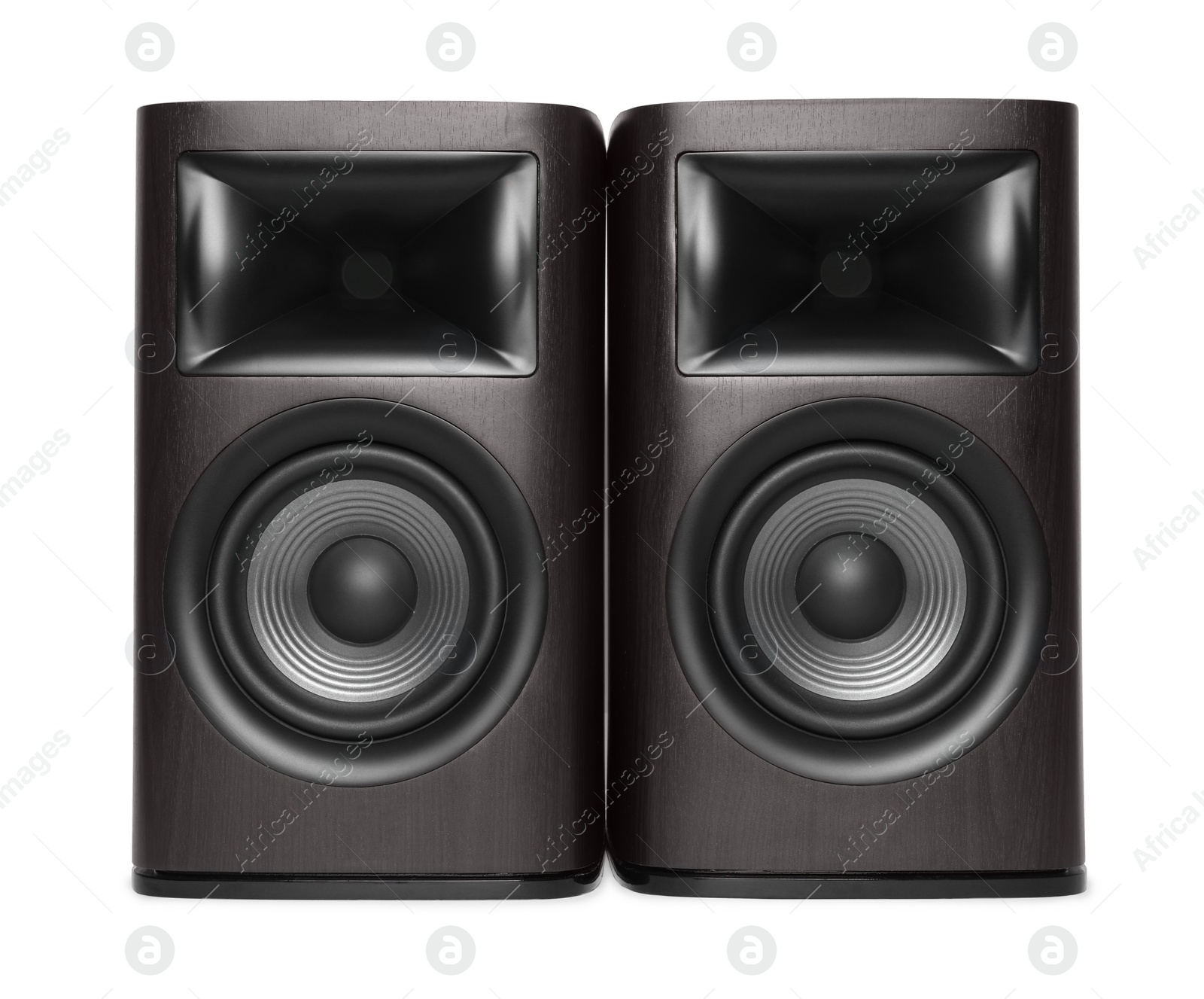 Photo of Two wooden sound speakers isolated on white